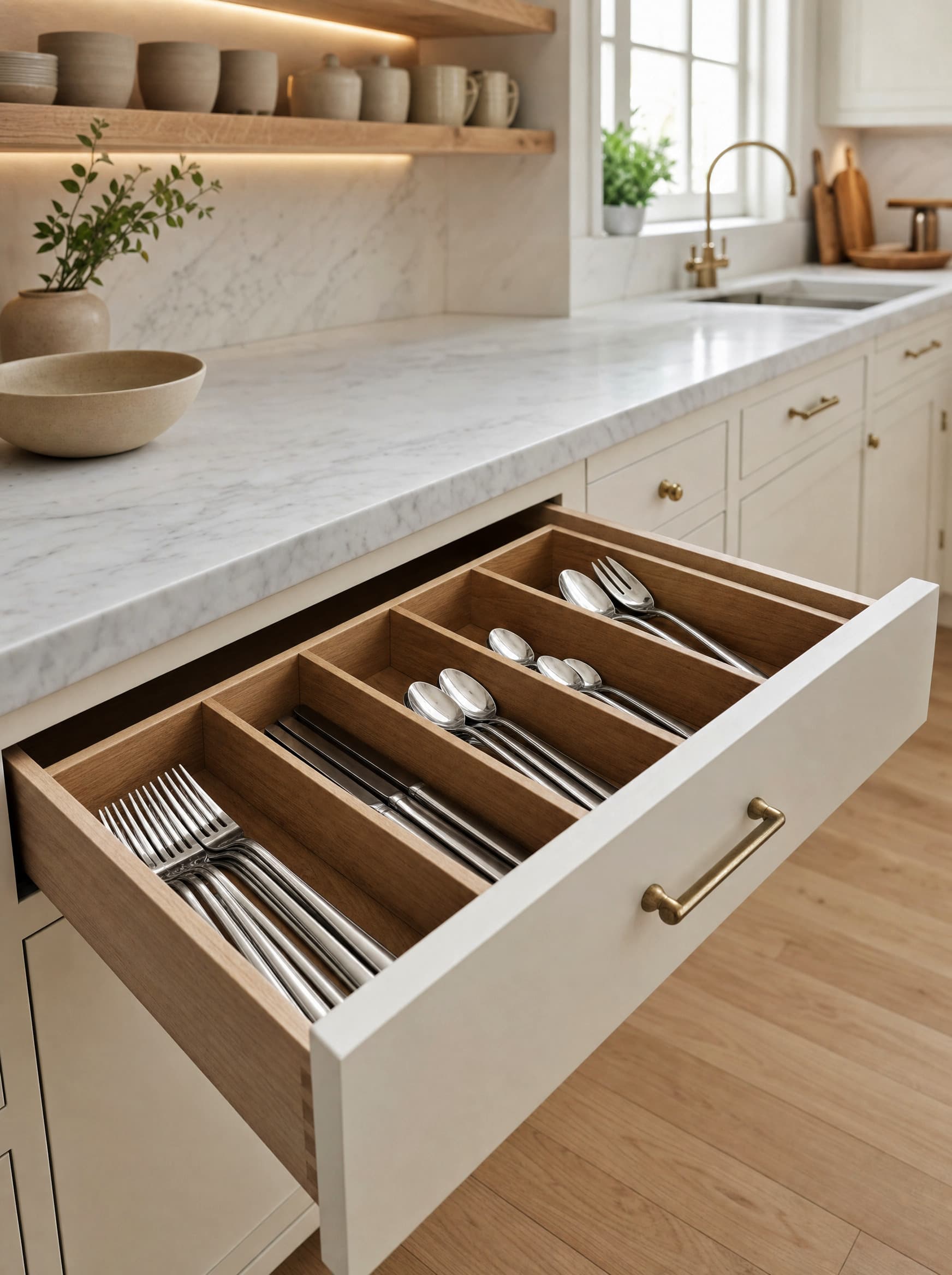 The top drawer of a bespoke kitchen pulled open beneath a marble worktop, showing a solid oak cutlery insert with each utensil type sorted into its own compartment