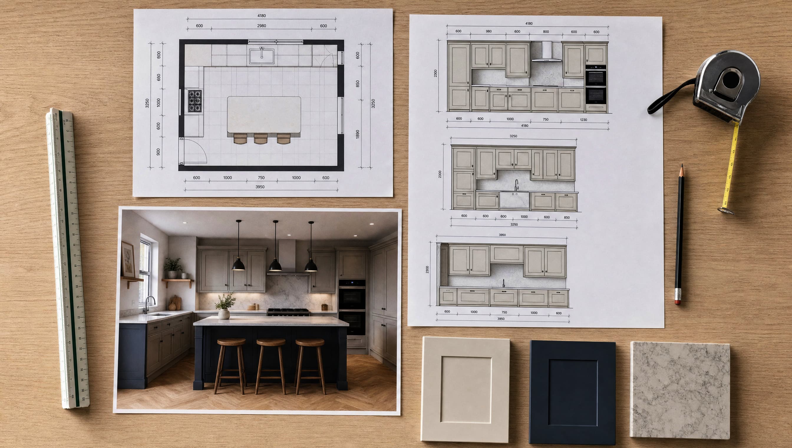 A CAD kitchen design: a dimensioned floor plan, elevation drawings of each cabinetry run, a 3D visual of the finished room, and painted door and worktop samples