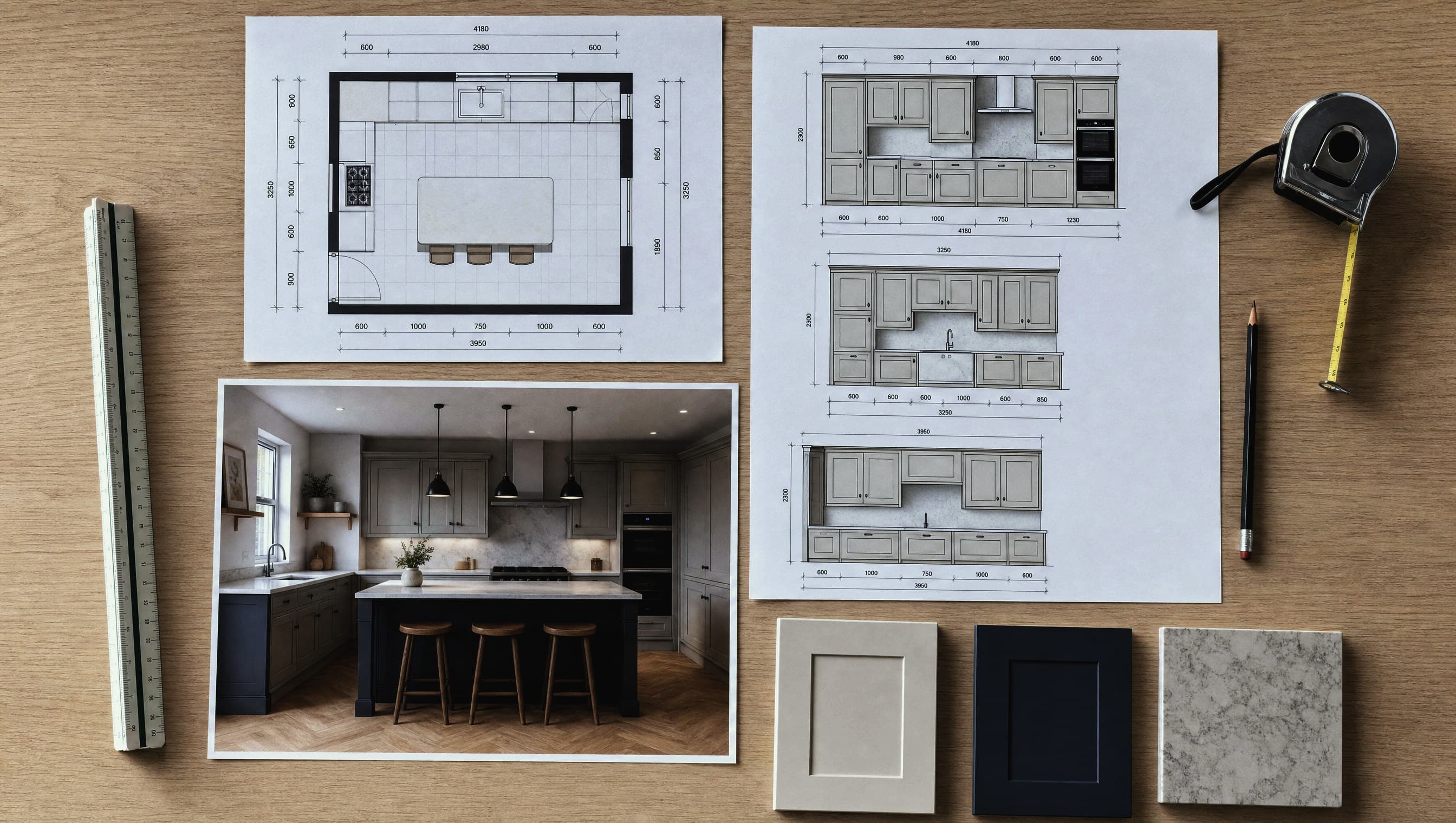 A CAD kitchen design: a dimensioned floor plan, elevation drawings of each cabinetry run, a 3D visual of the finished room, and painted door and worktop samples