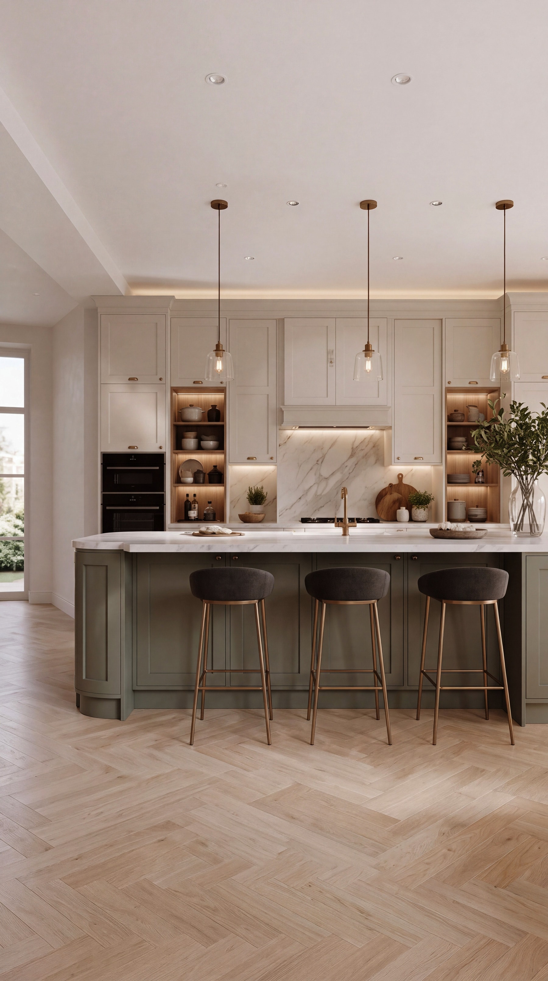 A bespoke Fabio Di Marco kitchen: cream in-frame cabinetry with a sage-green island, marble worktop and herringbone oak floor
