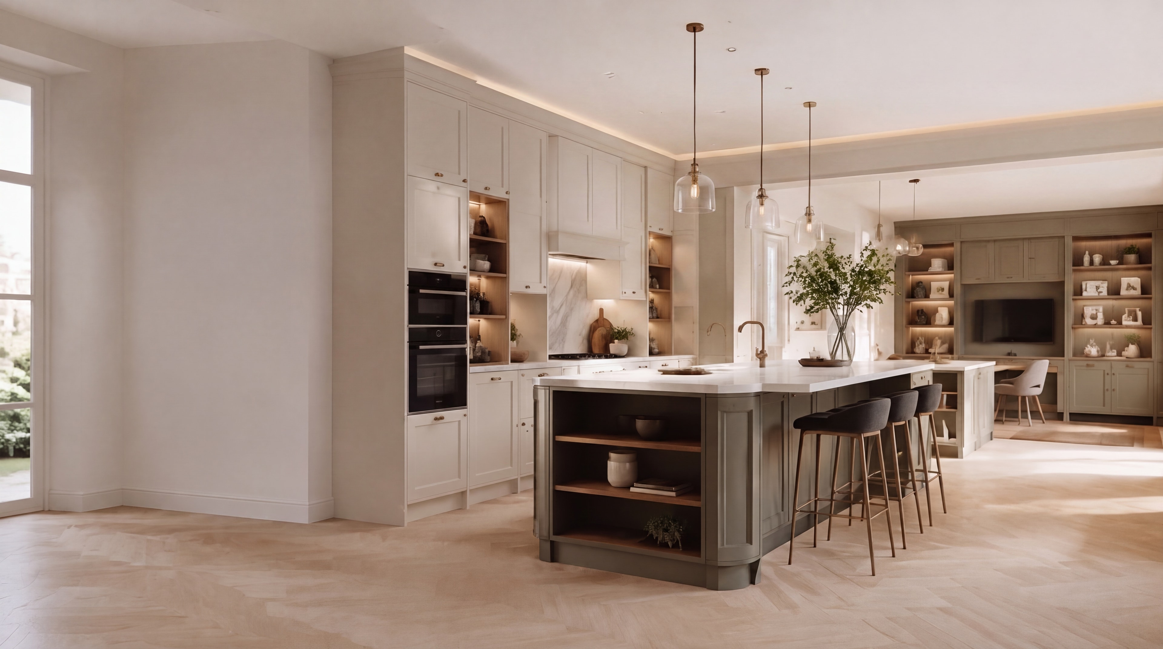 A bespoke Fabio Di Marco kitchen: cream in-frame cabinetry with a sage-green island, marble worktop and herringbone oak floor