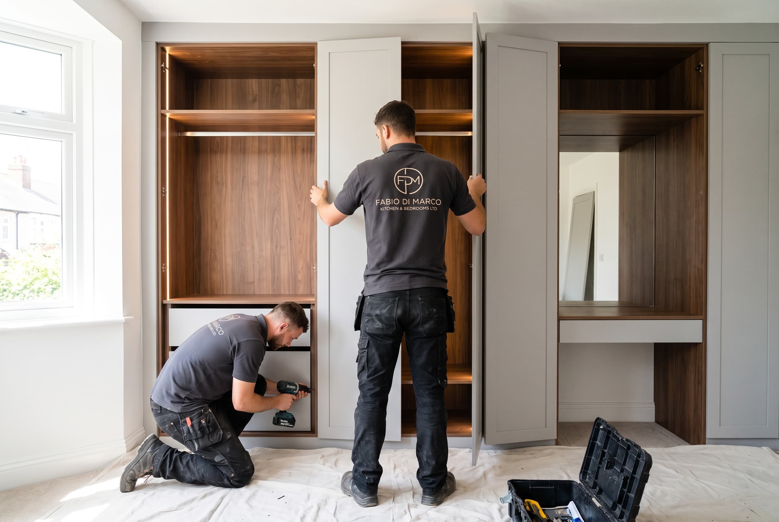 Two Fabio Di Marco fitters installing a run of fitted wardrobes with walnut-lined interiors and lit shelving