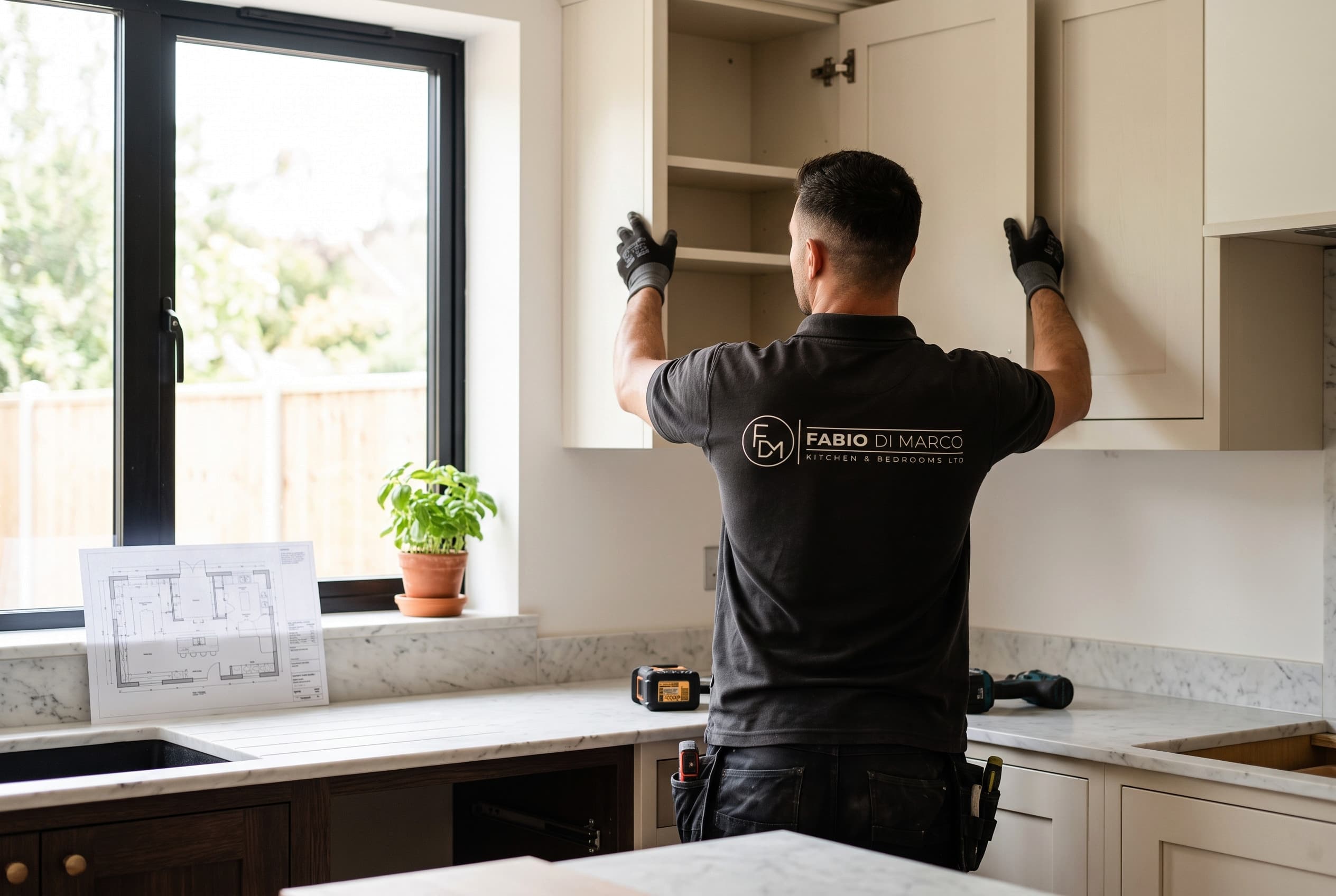 A Fabio Di Marco fitter installing a wall cabinet in a bespoke kitchen, with the kitchen plan on the worktop