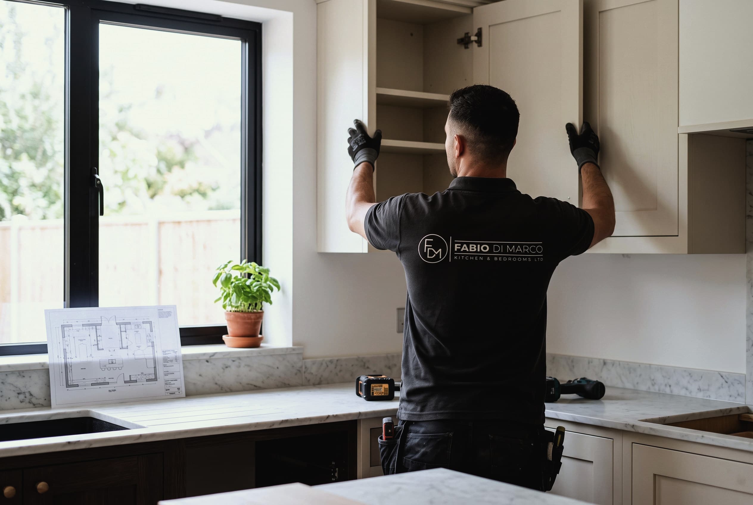 A Fabio Di Marco fitter installing a wall cabinet in a bespoke kitchen, with the kitchen plan on the worktop
