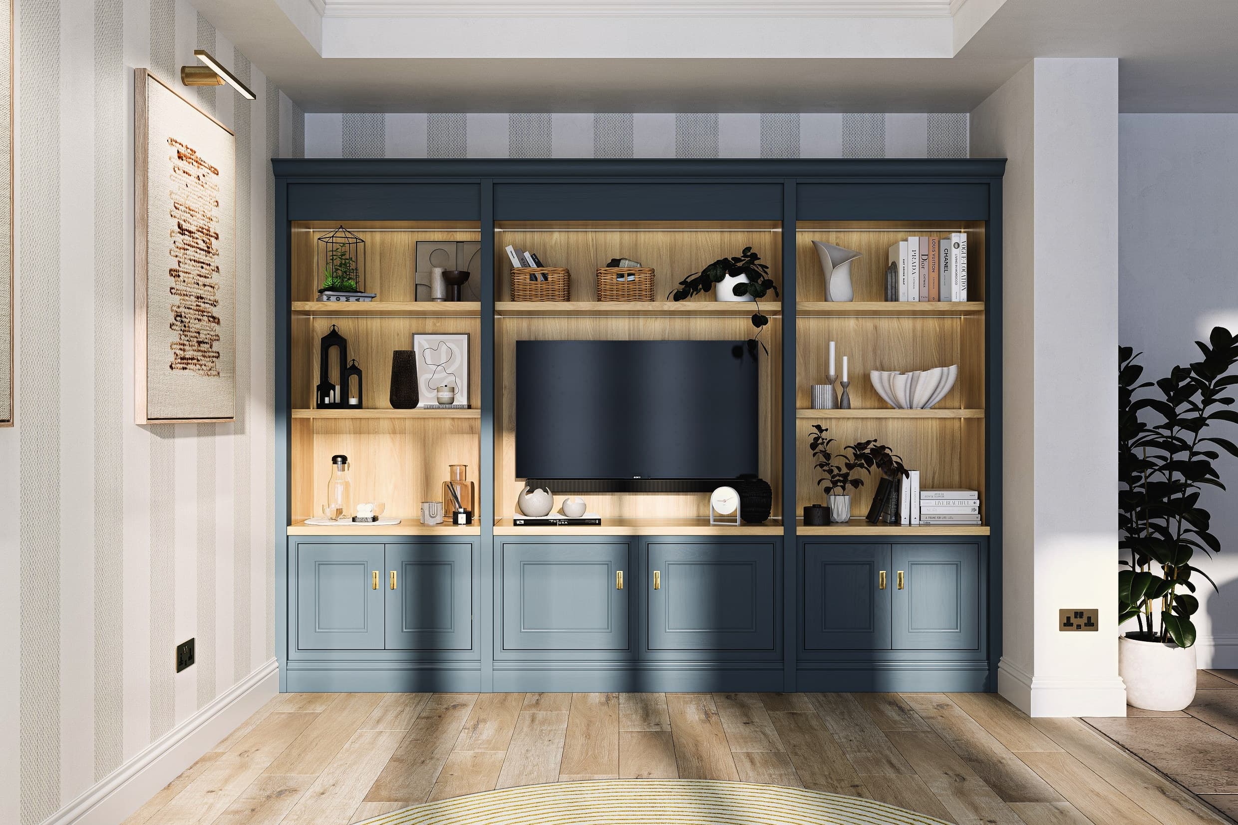 A fitted media wall from the Second Nature Clarendon Beaded range