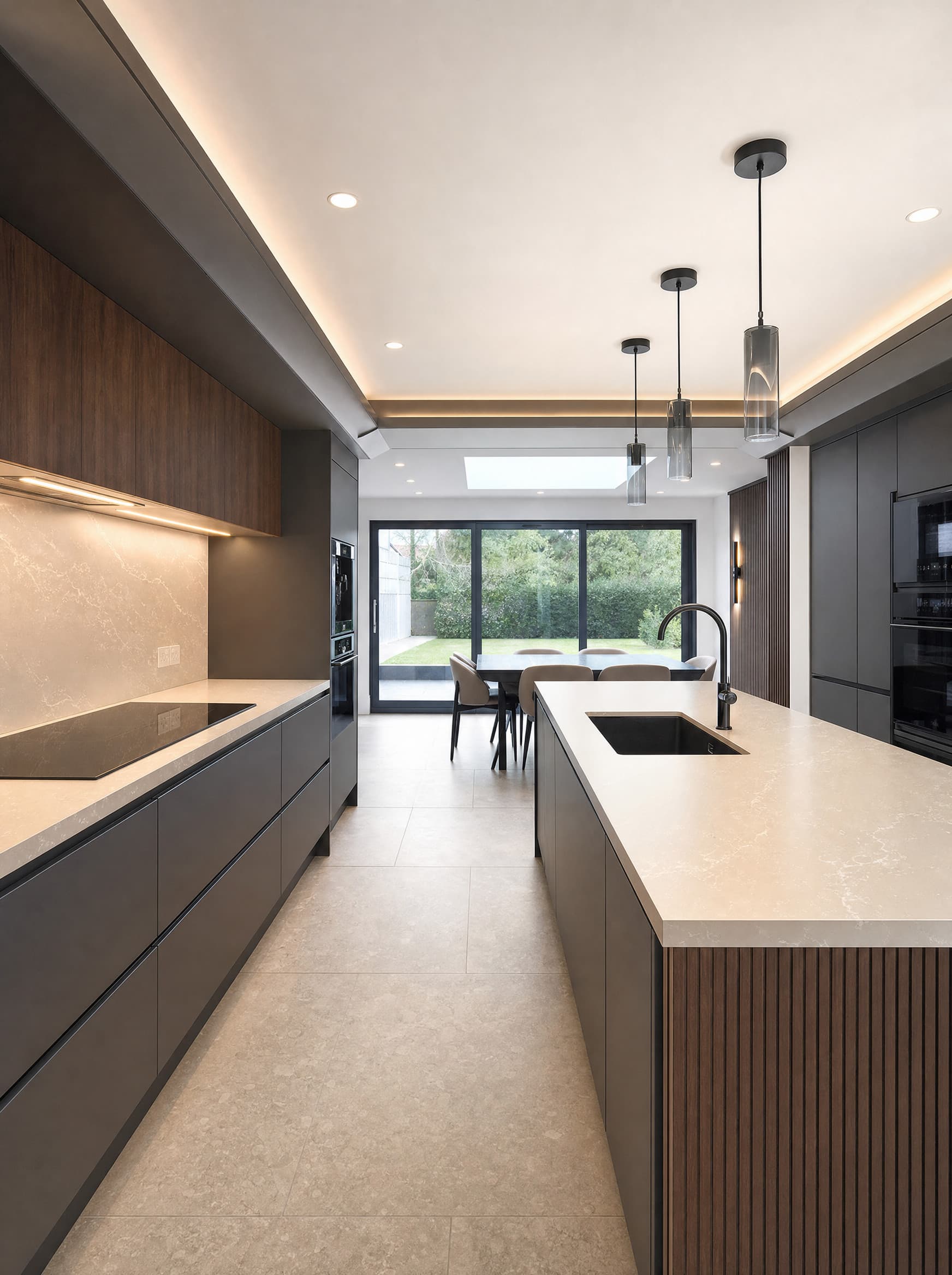 A completed Fabio Di Marco kitchen: dark handleless cabinetry with a stone island and full-height glazing