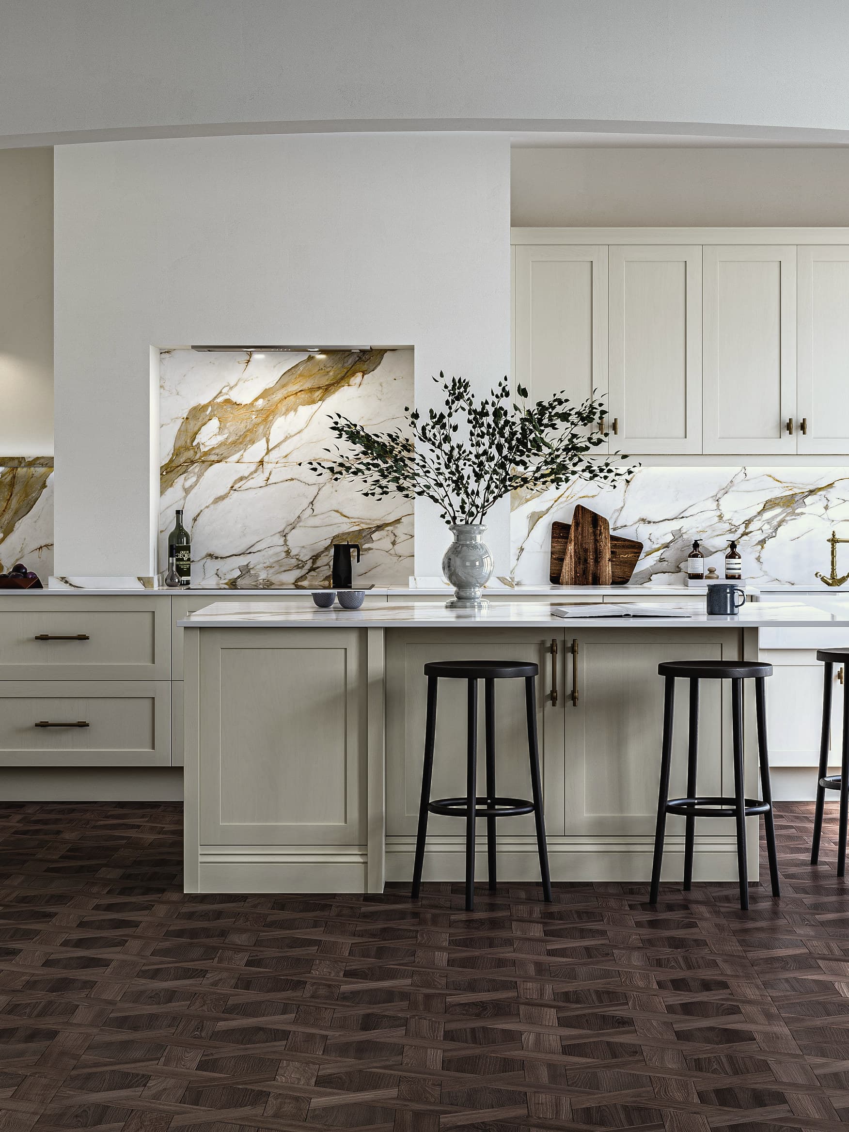 A kitchen from the Second Nature Crathorne range: cream shaker cabinetry and an island with bar stools