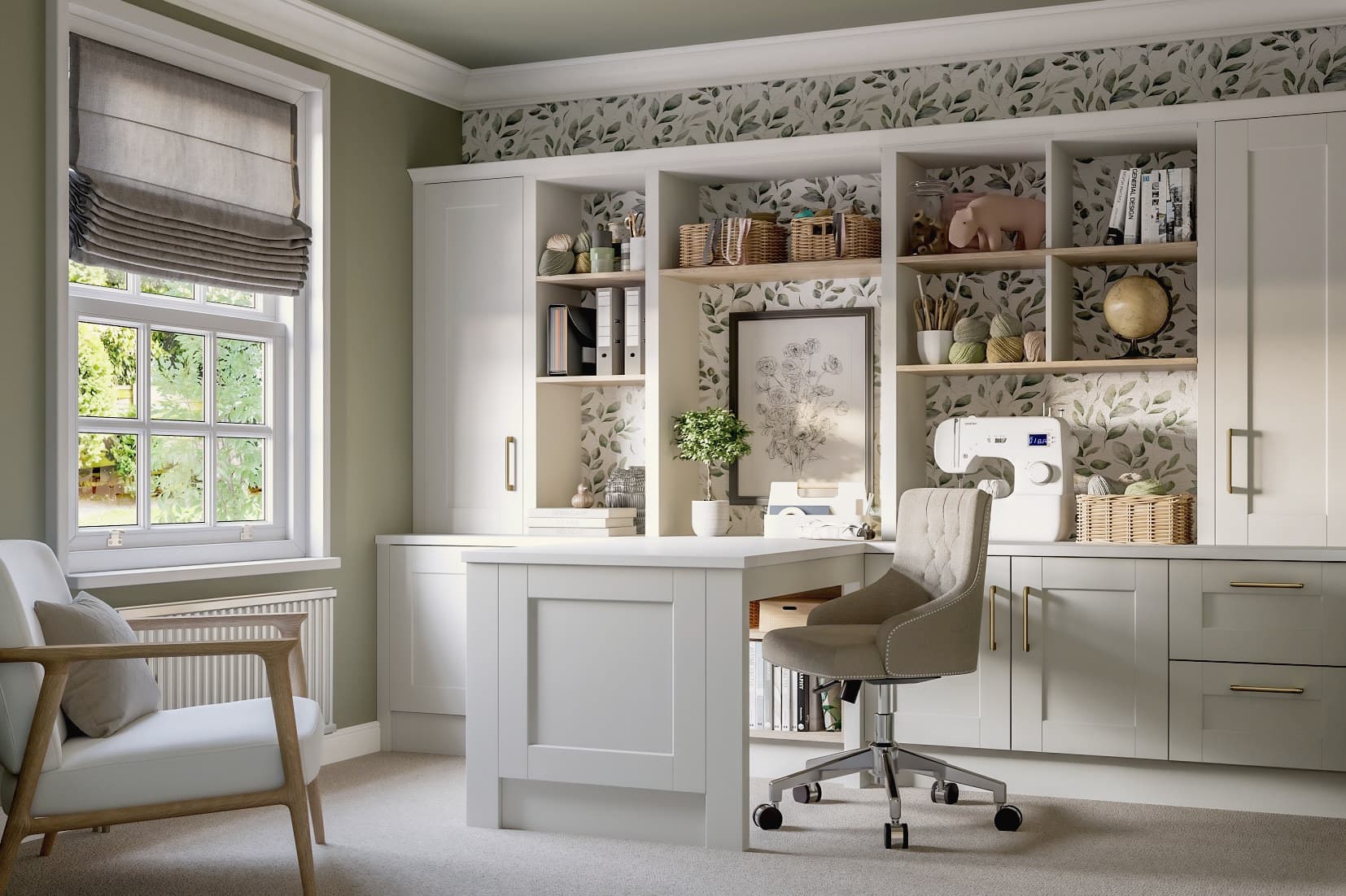 A fitted home office in graphite shaker with a warm oak back panel, lit shelving and a herringbone floor