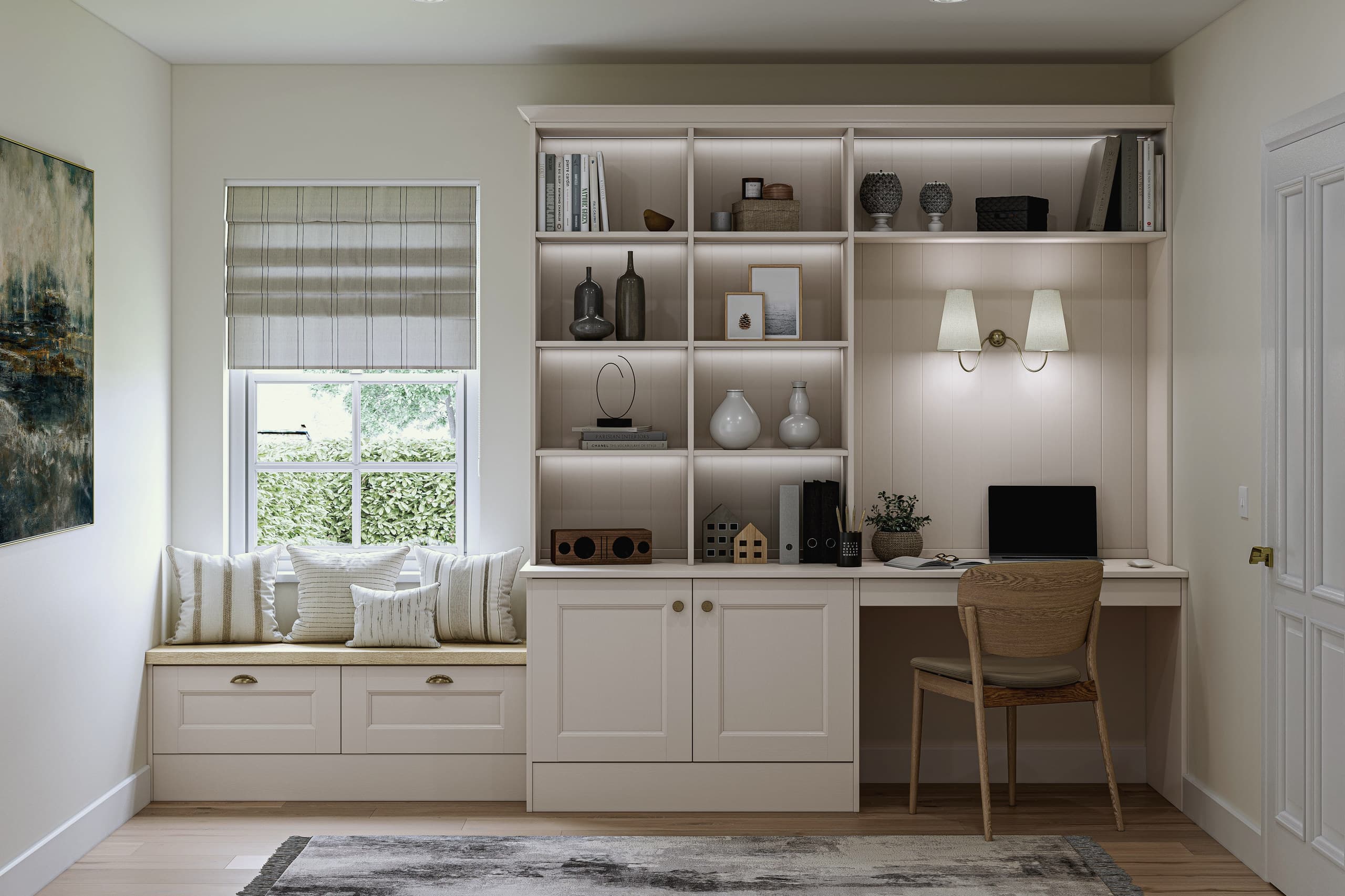 A fitted home office from the Second Nature Belsay Beaded range with lit shelving and a window seat