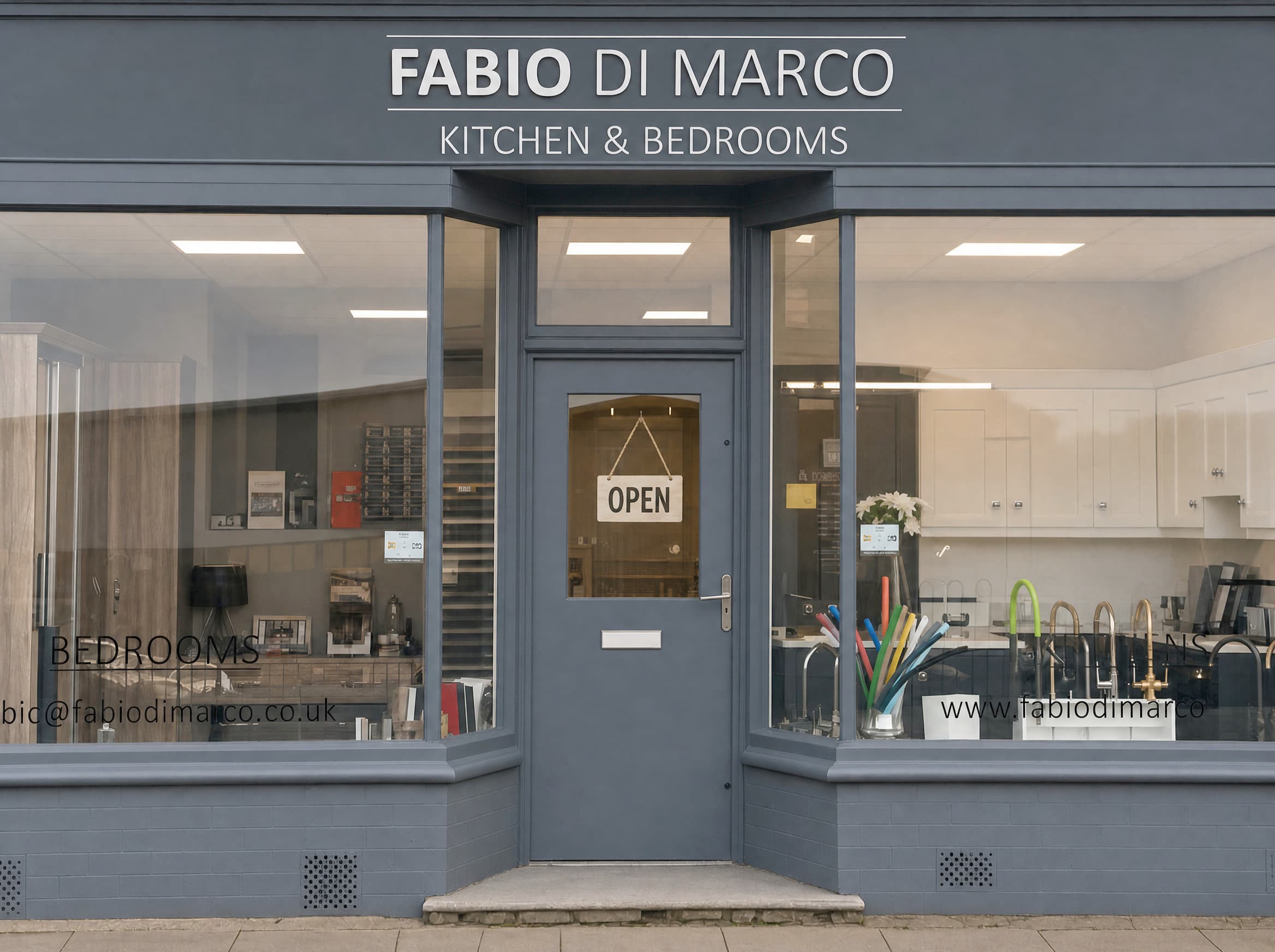 The Fabio Di Marco shop on its street in Hinckley: a slate-grey frontage with the name across the fascia, an OPEN sign hanging in the door, and display kitchens and bedroom furniture behind the windows either side