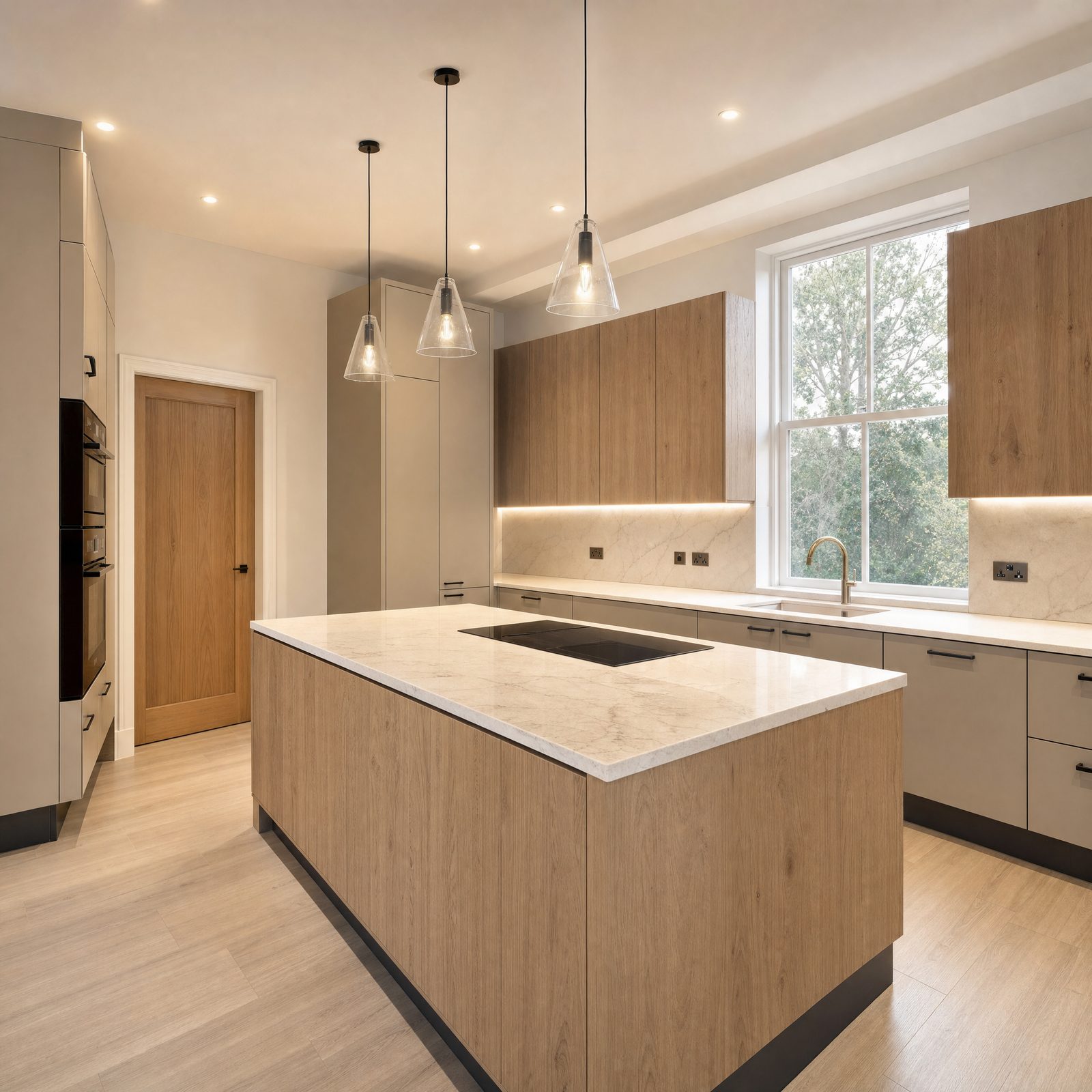 A completed Fabio Di Marco kitchen with an oak run, a stone island and pendant lighting